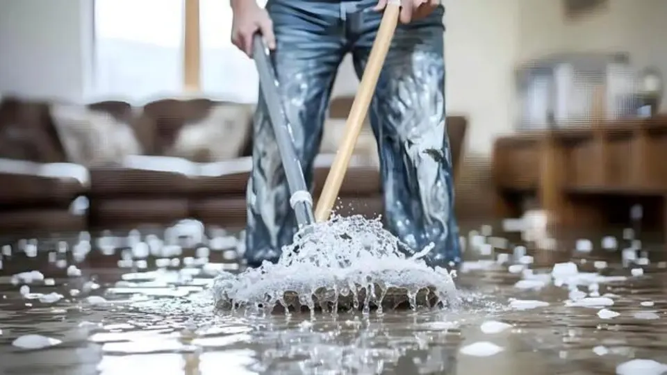 Worker mopping a wet floor in a living room