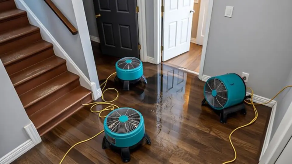 Air movers drying a wood floor and staircase