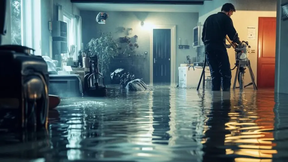 Technician checking a flooded room with a camera