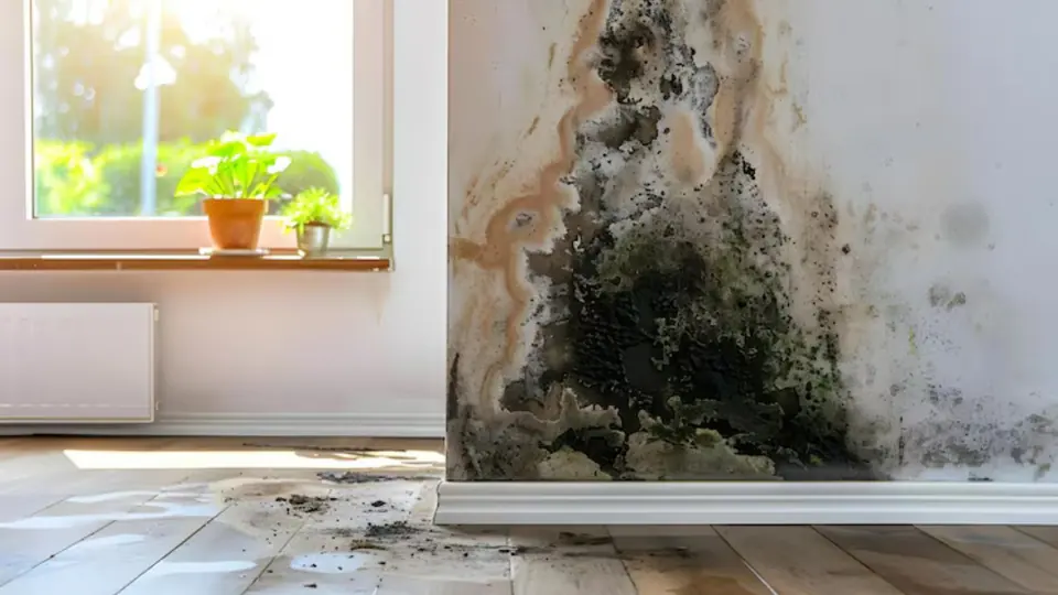 Mold climbing a corner wall beside a window