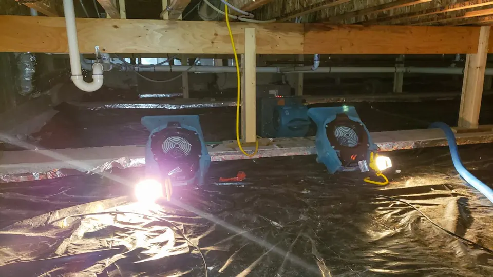Crawl space lined with plastic sheeting and drying fans