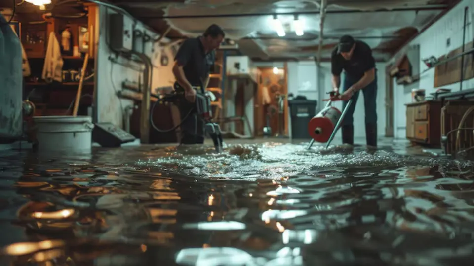 Two workers pumping water out of a basement